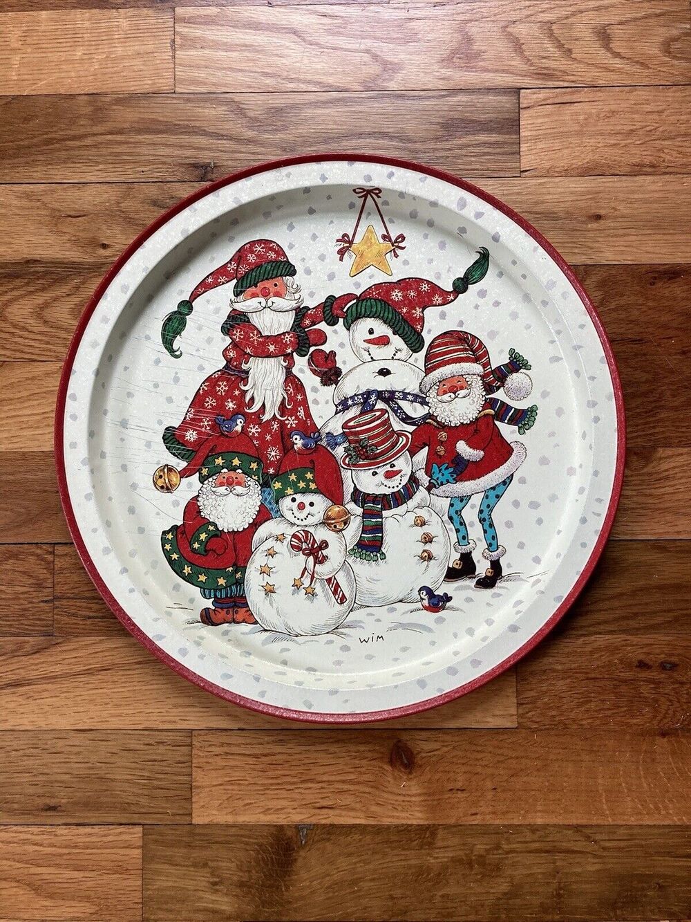 Wim Schimmer Potpourri 1995 Metal Christmas Santa’s Snowmen Serving Tray 13.5”